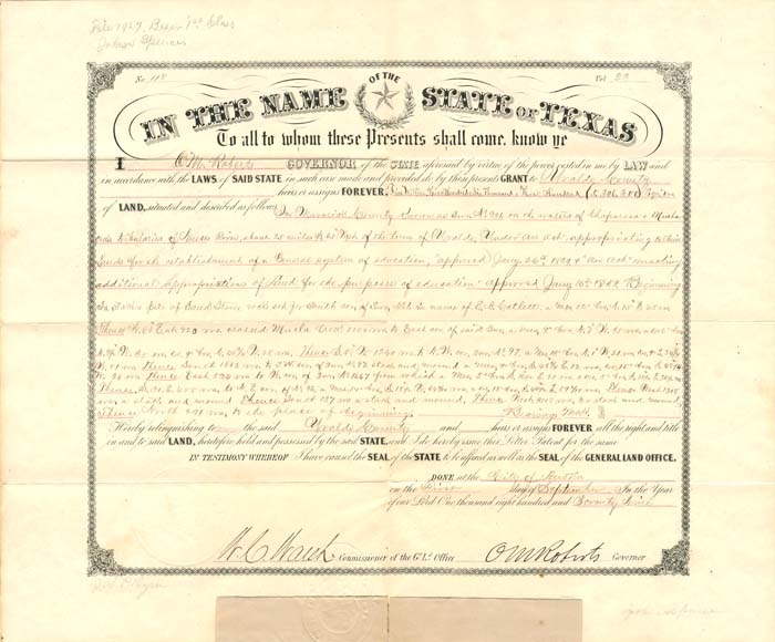 Land Grant signed by O.M. Roberts as Governor